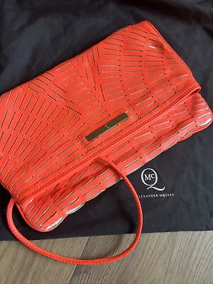 McQ Alexander McQueen Neon Orange Leather Fold Over Laser Cut Clutch Purse Bag • $140