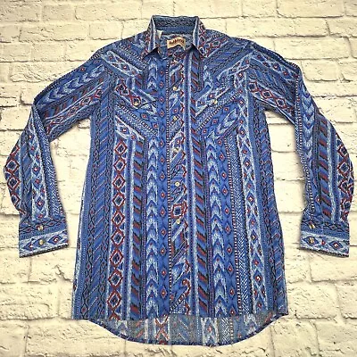 Saddlebrook 🔥 Western Cowboy Shirt Men's SMALL Blue Aztec Brushpopper VINTAGE • $27.99