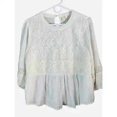 Miami Women's Blouse Tops Large Ivory Lace Puff 3/4 Sleeves Ruffles Embroidered • £19.24