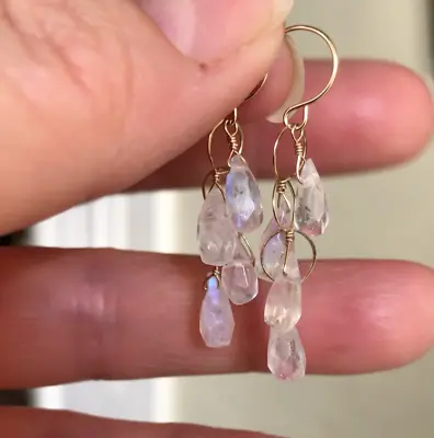 14K Gold Natural Rainbow Moonstone Earrings Handmade With Briolettes • $99.99