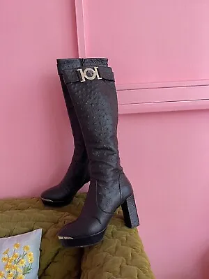 VERSACE Women’s Boots Vintage Ostrich Leather Knee High Heels Logo Sz 35.5 EU • $140