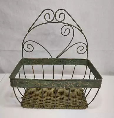 Decorative Metal Wire Wall Hanging Half Basket ~ Wicker Bottom ~  10 X 11 X 6 • $10