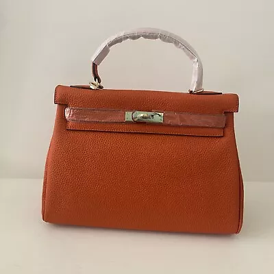 Orange Pebbled Leather 32 CM Top Handle Bag Belted Satchel W/ Gold Hardware • £133