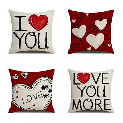 Set Of 4 Love You More Pillow Covers Wedding Anniversary Red Heart Cushion Case • £16.63