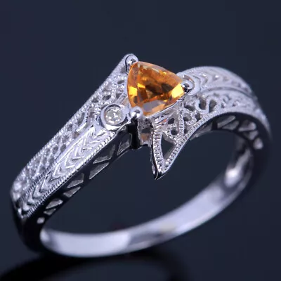 Vintage Pave Trillion Cut Citrine Diamonds Solitare Wedding Ring 10K White Gold  • $409