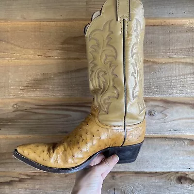 Vintage Justin Golden Ostrich Leather Cowboy Boots Style 91124J • $149