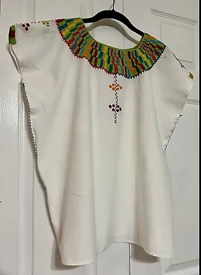 Handmade White Manta Chamula Top L Multi Color Floss Embroidery Cotton Boxy • $18.99