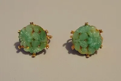 Vintage Faux Jade Green Molded Glass Floral Clip Earrings  • $20