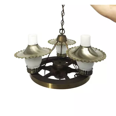 MCM Western 6 Spoke Wood Wagon Wheel Electric 3 Light Chandelier Hanging Light • $79