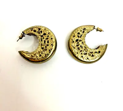 Vintage Filigree Gypsy Hoops Earrings Gold Boho 1980s Hippie Crescent Moon • $8.79