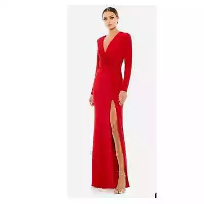 Mac Duggal Jersey Long Sleeve Asymmetrical Ruched High Slit Gown. Size 6 Style • $125