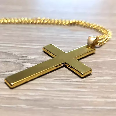Large Gold Cross Pendant Chain Hip Hop Necklace Jesus Men's Chunky Steel Gift • £3.99