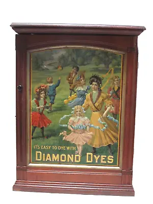 Antique Diamond Dyes Display Cabinet Wood & Tin Litho Of Children With Governess • $1295