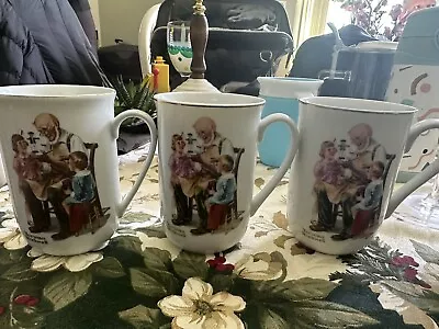 VINTAGE SET Of 3 Norman Rockwell Museum Coffee Mugs Cups White Gold Trim 1982 • $18