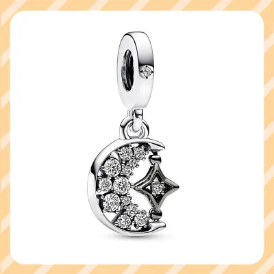 Sparkling Crescent Moon & Spinnable Star Dangle Charm S925 Women Bracelet Charm • $15