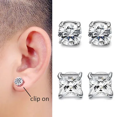 PAIR Diamond Cut Magnetic Men Women Square Sparkling Clip On Ear Studs Earrings • £3.99