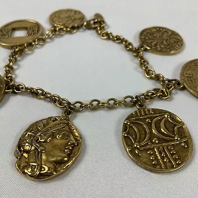 VTG Signed MMA Metropolitan Museum Art Gold Tone Ancient Coins Charm Bracelet • $86.95