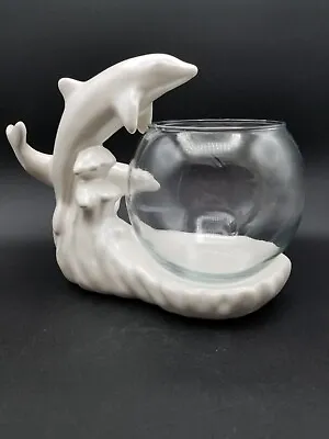 Haeger Pottery White Pearlescent Dolphins Sculpture With Glass Bowl 2000 • $42.89