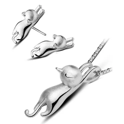 £2.18 • Buy Cat Silver Pendant Chain Necklace Stud Earrings 925 Sterling Womens Jewellery