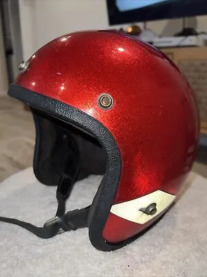 Vintage Metal  Flake 1970’s Motorcycle Helmet / Leather Straps / Reflectors Ears • $46.75