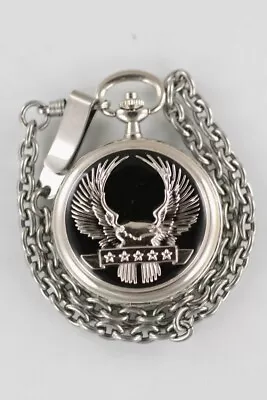 Majestron Men Pocket Watch Stainless Silver Black 14 In. Fob Chain White Quartz • $24.94