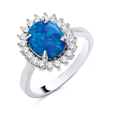 925 Sterling Silver Blue Opal & CZ Large Oval Cluster Ladies Ring Size J To S • £14.95