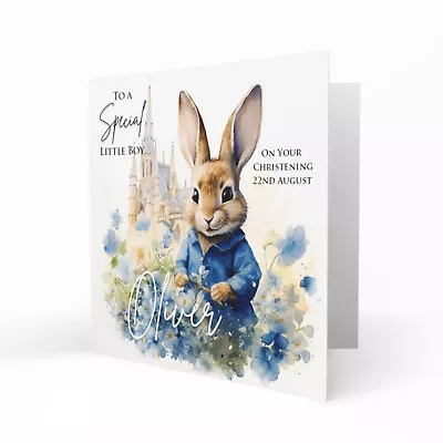 Personalised Christening Card For Boys Baptism Naming Day Cute Rabbit • £3.79