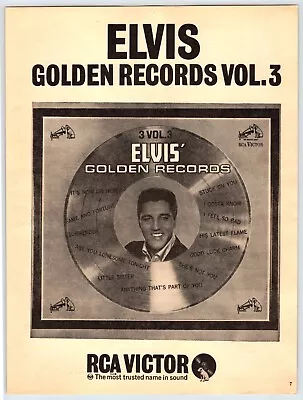 1963 ELVIS PRESLEY GOLDEN RECORDS VOL.3 8 X11  MAGAZINE AD  1960's ACR7 • $5