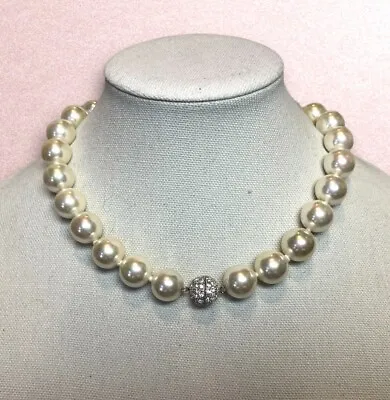 LARGE 15MM Faux Pearl Necklace Pave Crystal Rhinestone Magnetic Clasp 16” Estate • $10