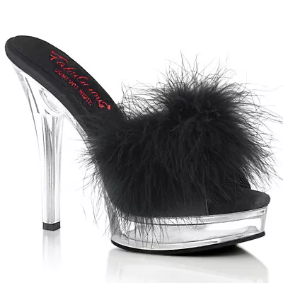 Sexy 5  Heel Womens Clear Platform Black Marabou Feather Slippers Mules Shoes • $44.95