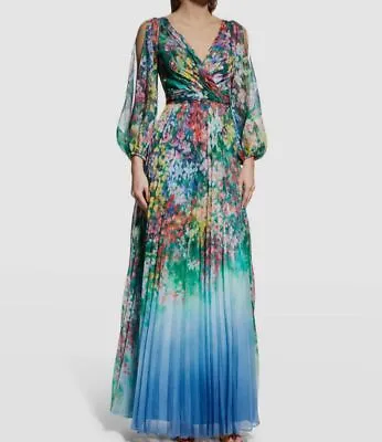 $895 Marchesa Notte Women's Blue Pleated Floral Chiffon Dress Size 0 • $286.78