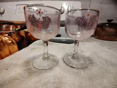Antique Vintage Bohemian Wine Glass Set - Pink Glass Hand Painted Flowers? • $14.99