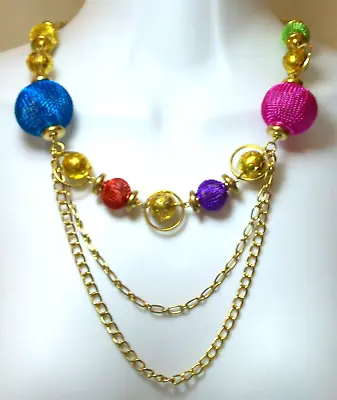 Vtg Multi Chain Necklace Pink Blue Green Purple Gold Tone Large Mesh Beads • $12.79