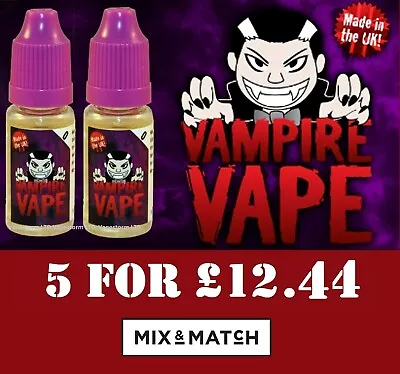 Vampire Vape E Liquid - 5X10ml - 0mg/ml - 18mg/ml Fast&Free Delivery - TPD • £12.44