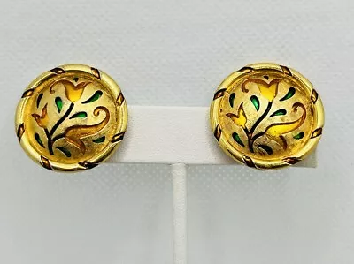 Vintage Crown Trifari Floral Swirls Colorful  Enamel Gold Tone Clip Earrings • $14.50