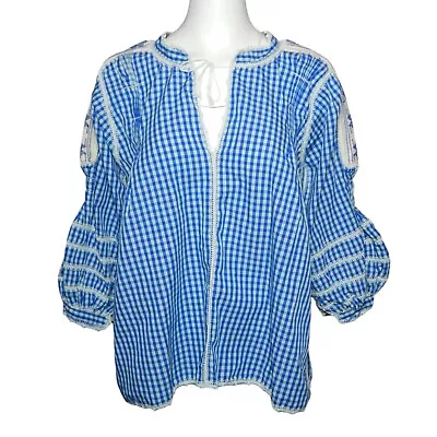 Emilia Collection Handmade Mexican Tunic Top 3/4 Sleeve Blue Gingham Size M/L • $125