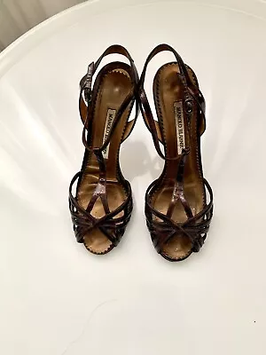 Manolo Blahnik Sandals Brown Strappy Patent Leather Size 38 Heel • $29.99