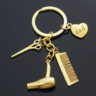 Barber Comb Scissors Hair Stylist Blow Dryer Gold Key Chain Keychain Dad Gift • $6.99