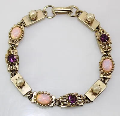 Vintage Pink Opalite Pink Opal Czech Glass & Amethyst Rhinestone Bracelet 7  • $24