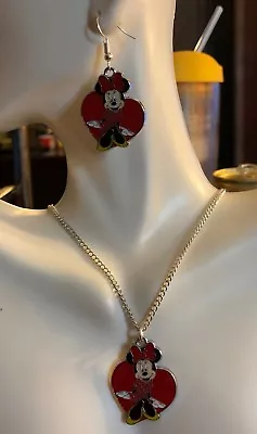 Minnie Mouse Charm Necklace Pendant & Earrings 16  Silver Plated Gift BoxedUSA • $12.50