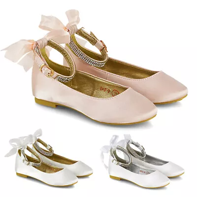 £14.99 • Buy Girls Flat Ankle Strap Diamante Bow Children Bridal Party Ballet Pumps Shoes
