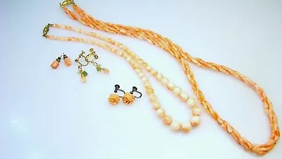 Carved Coral Lovely Vintage Necklaces Earrings Beads 5pc Jewelry Lot • $65