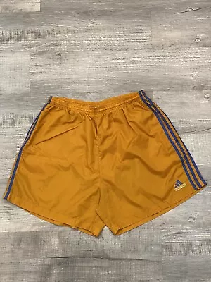 Vintage Adidas Soccer Shorts Men's Size 2XL Yellow Blue Stripes Lined 90's Y2K • $29.99