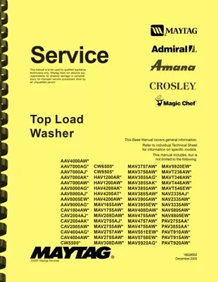 Maytag Top Load Washer Repair SERVICE MANUAL • $19.95