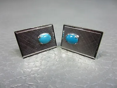  Mid Century Modern Blue Stone Prong Set Etched White Gold Plated Cuff Links • $19.95