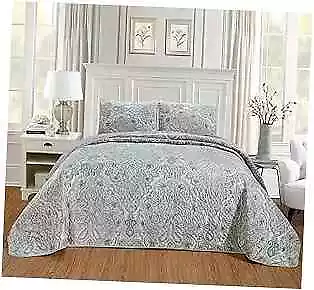 3-Piece (66  X 95 ) Quilt Set Velvet Bedspread Blue Grey Paisley Twin/Twin XL • $77.02