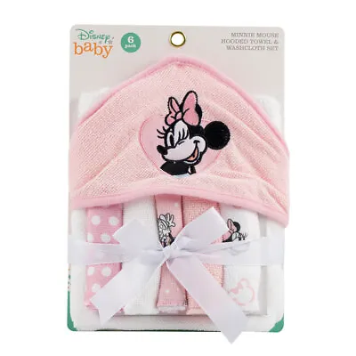 Disney Baby Minnie Mouse Hooded Towel And Washcloth Set 6 Pack Pink White New • $12.95
