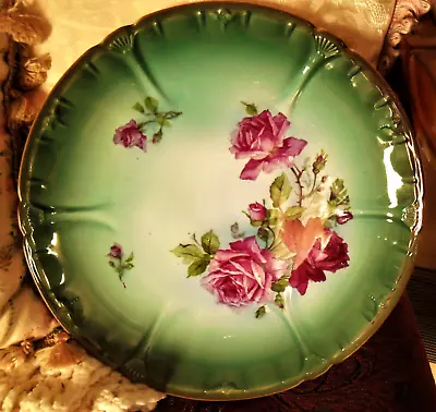 Vintage Franz Anton Mehlem Royal Bonn Germany Plate Green With Roses 11  Diam. • £14.48