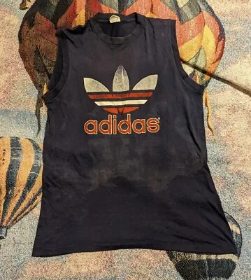 Vintage 80S ADIDAS Muscle Top Tank Top Shirt L Made In USA HIP HOP TREFOIL  • $39.88