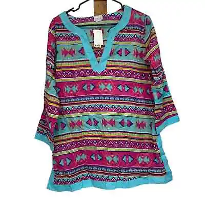 $25 • Buy All For Color Hadley Multicolor Aztec Print Half Sleeve Tunic Coverup Top Sz L